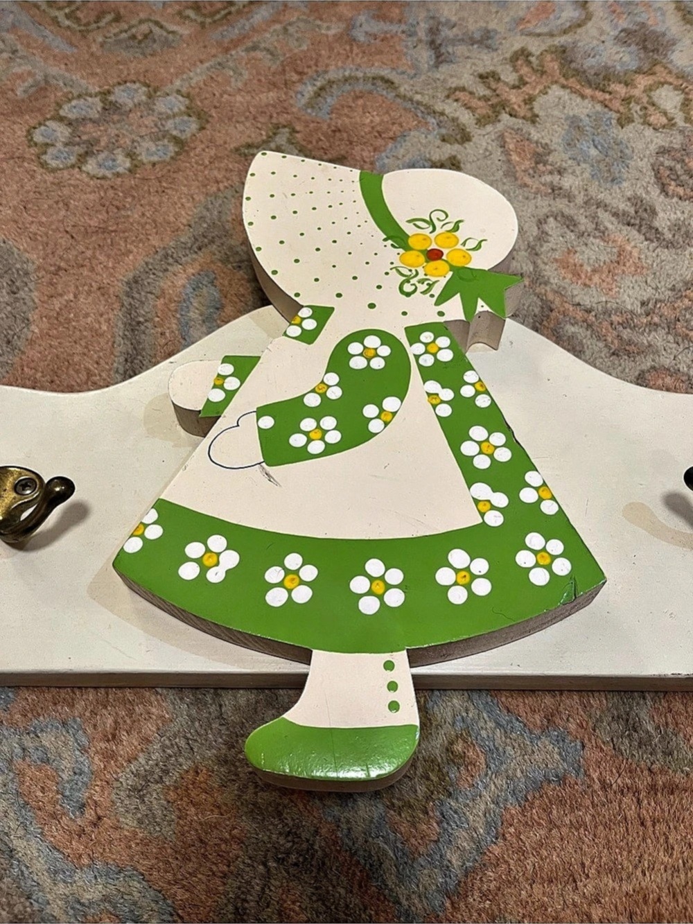 Vintage Hand-Painted Holly Hobby or Sunbonnet Sue Floral Wall Hook Decor